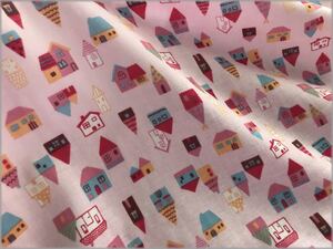 ダブルガーゼ 北欧風 petit house 生地幅×50センチ ピンク