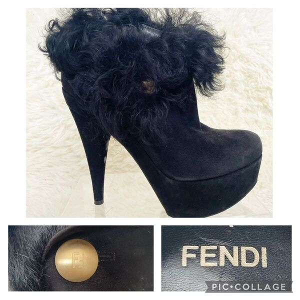 FENDI フェンディ ショートブーツ ブーティ ファー スエード ロゴ ゴールド金具 黒 ブラック 36.5 23.5相当