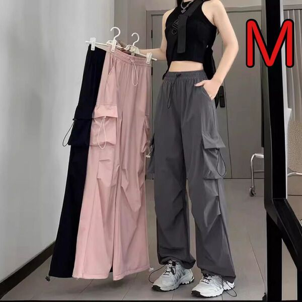 カーゴパンツ グレー M ゆったり カジュアル 夏秋用 快適 薄手 ダンス 韓国 ワイドパンツ ワークパンツ