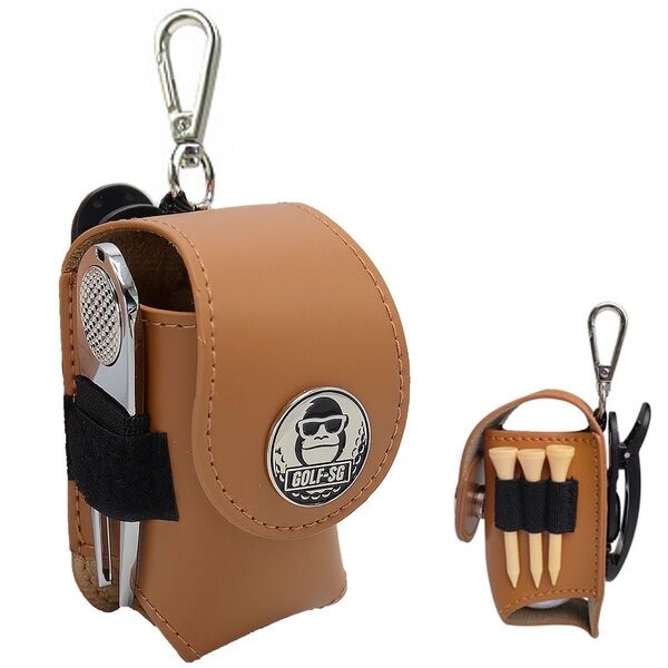 新品 ゴルフボールケース ブラウン 茶 ボールポーチ グリーンフォーク マーカー付き クリップ ポーチ ボール入れ 収納