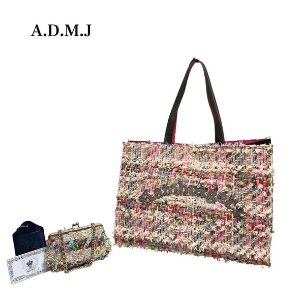【未使用保管品】ADMJ エーディーエムジェイ/ ファンシーツィード リントン社 /がま口ポーチ付/マルチカラー/トートバッグ