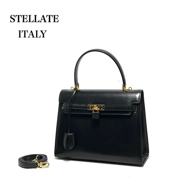 【美品】STELLATE ITALY製/カーフレザー/ゴールド金具・ベルトデザイン/クロシェット・南京錠付/ ハンドバッグ