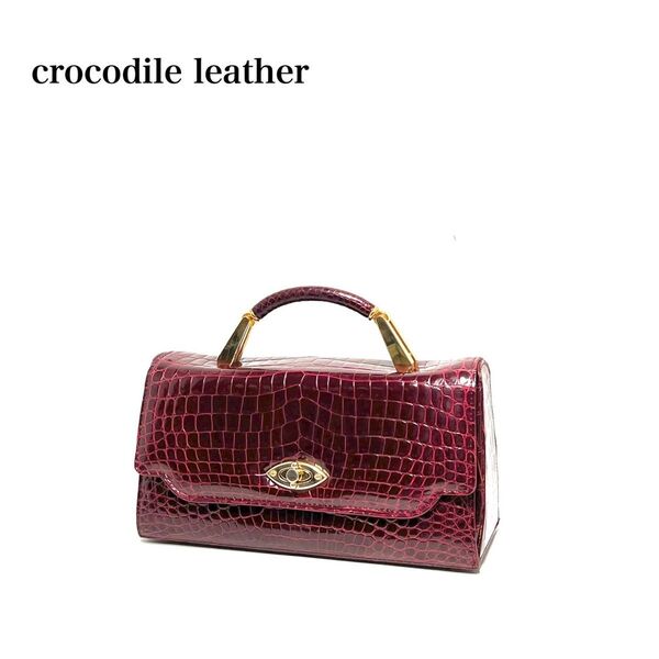 【美品】crocodile leather クロコダイルレザー ワニ革/シャイニングクロコ 艶有/ゴールド金具/ハンドバッグ