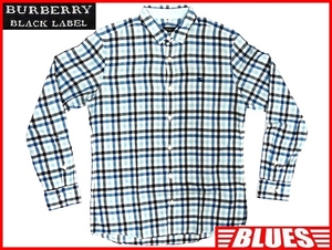 即決★BURBERRY BLACK LABEL★メンズM 廃版 チェックシャツ バーバリーブラックレーベル 2 青 三陽商会正規 ナイト刺繍 長袖 シャツ