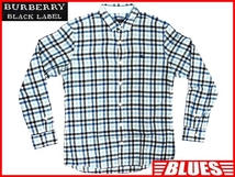 即決★BURBERRY BLACK LABEL★メンズM 廃版 チェックシャツ バーバリーブラックレーベル 2 青 三陽商会正規 ナイト刺繍 長袖 シャツ_画像1