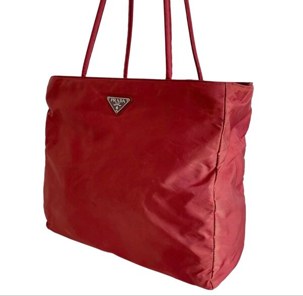 【鑑定済み】プラダ PRADA トートバッグ ショルダー バッグ 肩掛け 三角ロゴプレート 白タグ レッド 赤 ナイロンバッグ