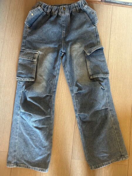 キッズ デニムカーゴパンツ ワイドパンツ ブルー