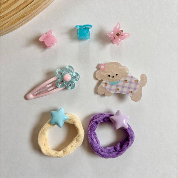 【新品】7点セット キッズ ヘアアクセ ミックス 子供 お花 リボン ヘアゴム ヘアピン 祭り ダンス 髪飾り 韓国風
