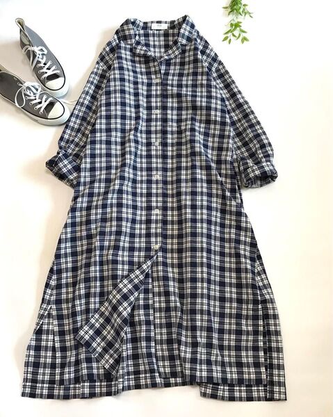 UNIQLO ユニクロ チェック柄シャツワンピース 長袖 M ネイビー