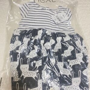 next ネクスト モノトーン長袖ワンピース3-6カ月 62〜68cm ボーダーウサギ柄