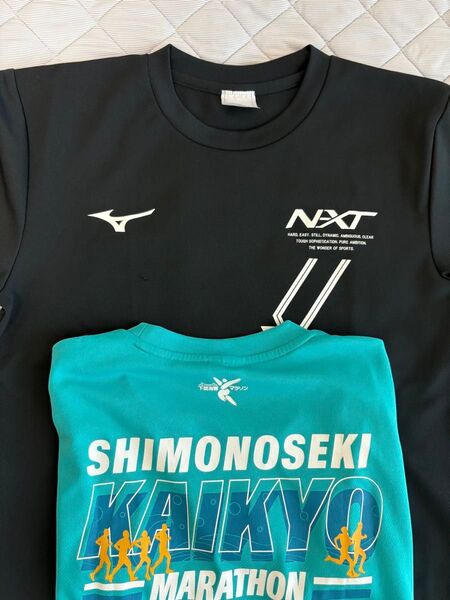 2枚セット ミズノ/下関海響マラソン Tシャツ Mサイズ 黒/青緑
