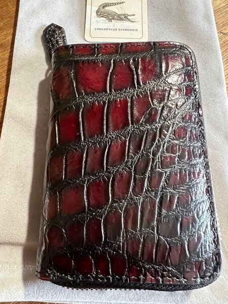 本ワニ革 クロコダイル 一枚革 カードケース ミニ財布ワインレッド 超美品