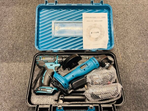 21V充電式 電動グラインダーインパクトレンチ 電気ドリル 2点セット正反転切替 バッテリー2個付き マキタ互換