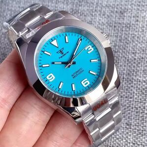 【新品未使用】 自動巻き 腕時計ビジネスウォッチブルー文字盤サファイアガラス防水機械式シルバーベルト