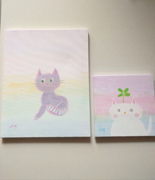 原画 『 虹ねこ 』アクリル水彩画 猫イラスト キャンバスアート インテリア 2枚セット