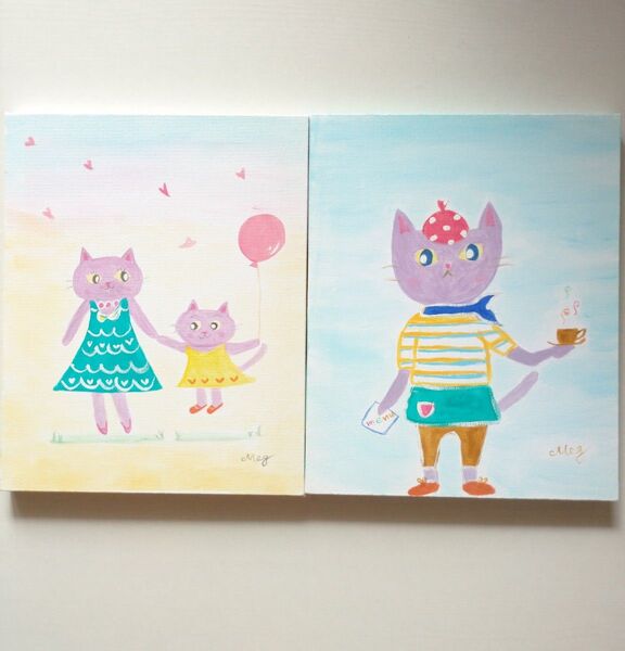 原画 『 猫日和 』アクリル水彩画 絵画 ねこイラスト キャンバスアート 2枚セット