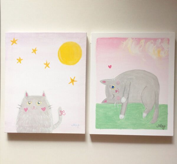 原画 『 gray 』アクリル水彩画 ねこイラスト キャンバスアート 絵画 2枚セット 猫