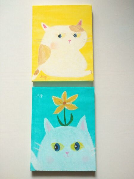 原画 『 もちもち猫 』アクリル水彩画 猫イラスト インテリア アート 絵画 キャンバスアート 2枚セット