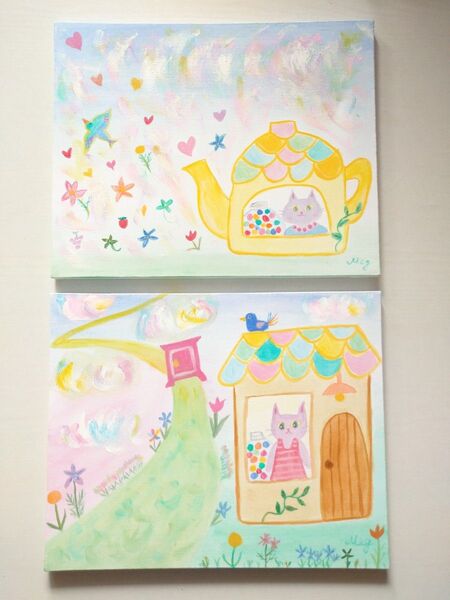 原画 『 猫の魔法使い 』アクリル水彩画 ねこイラスト インテリア キャンバスアート 絵画 2枚セット