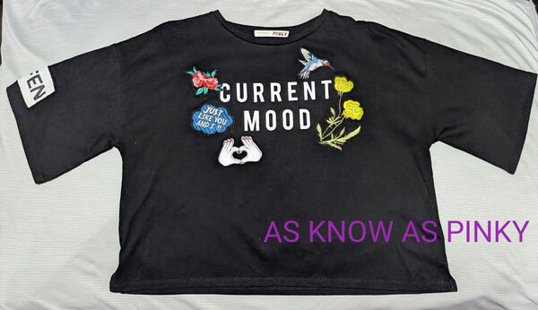 AS KNOW AS PINKY 刺繍ワッペン付きロゴプリントTシャツ ショート丈 五分袖 黒 フリーサイズ【中古】