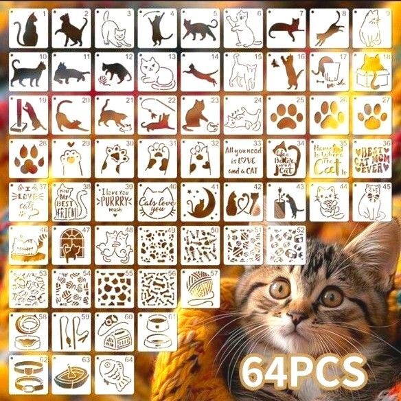 64種類 ステンシルシート 猫 形抜き型 テンプレート ペイント DIY 装飾 再利用可能 プラスチック 7.6cm×7.6cm