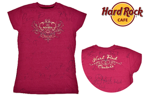 S-9979★送料無料★超美品★Hard Rock CAFE guam-USA ハードロックカフェ グアム限定★ピンク 全面プリント ストレッチ 半袖Ｔシャツ Ｍ