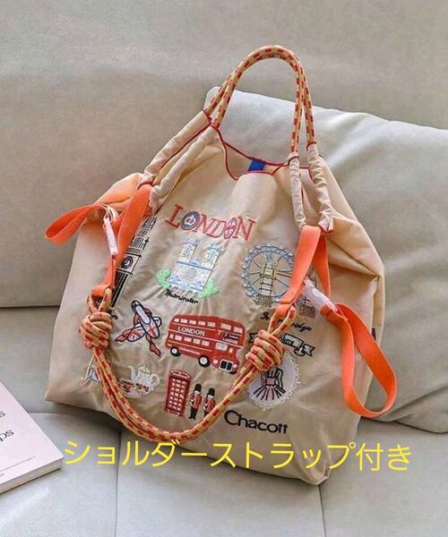 ▼▼週末セール▼▼刺繍バッグ エコバッグ ロンドン バス ◆ベージュ◆トートバック◆ショルダーストラップ付き【新品・未使用】