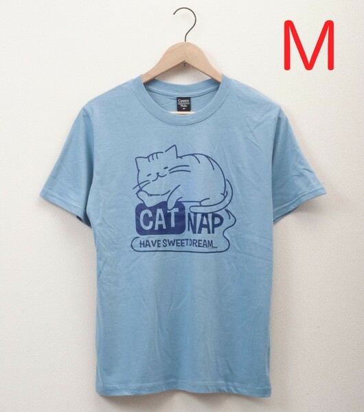 【新品未使用】Mサイズ 眠りネコデザイン 半袖Tシャツ ブルー キャラT Tシャツ ネコグッズ にゃんこ 猫グッズ 春夏