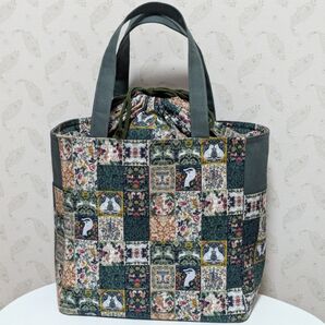 レトログレーと動物 巾着 スクエアトートバッグ 大 ハンドメイド