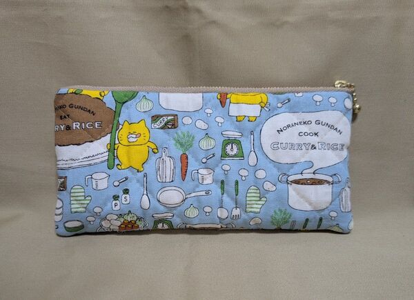 No123 ハンドメイド フラットポーチ 20cm ペンケース ノラネコぐんだん柄 ライトブルー系
