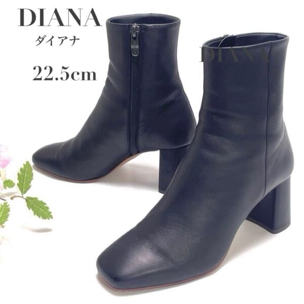 DIANA ダイアナ ショートブーツ ブラック 黒 22.5cm スクエアトゥ ミドルヒール レディース サイドジップ 日本製