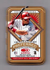 ’97 DONRUSS PREFERRED TRADING CARD TINS GOLD缶 Ivan Rodriguez イバン ロドリゲス 未使用 トレカ入れやコレクションに如何でしょう～