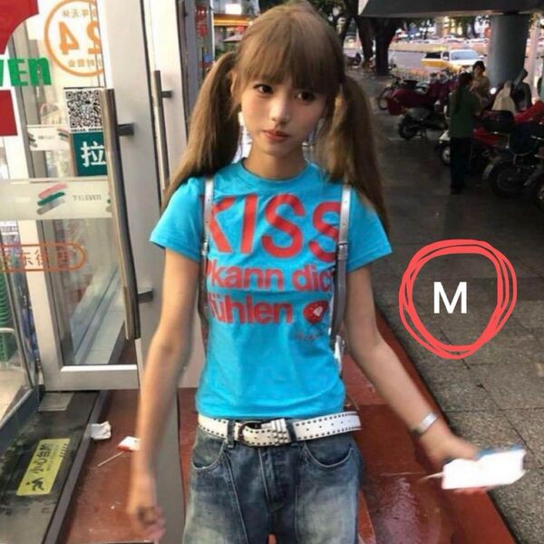 【新品】ギャル 海外 Y2K ロゴ ピチT グランジ 平成ギャル KISS 英字Tシャツ M サイズ 半袖 Tシャツ