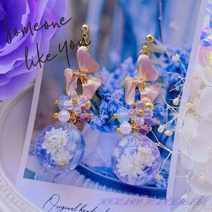 ハンドメイド ピアス レジン 琉球ガラス ピンク パープル & フラワー