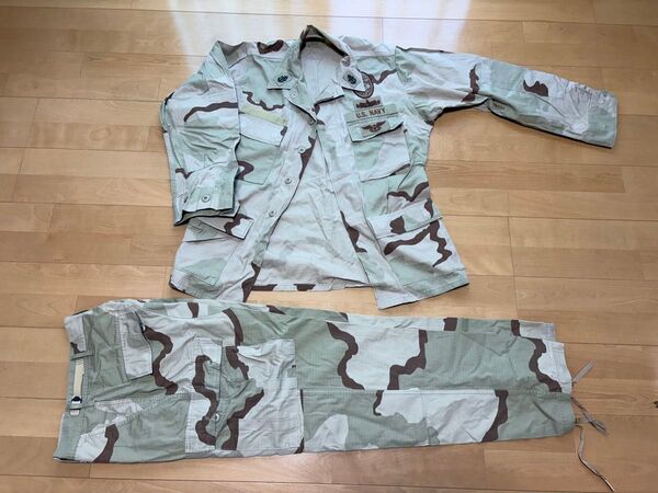 US NAVY 湾岸戦争 実物 3CデザートカモBDU コンバットジャケット パンツ上下セット 米軍 迷彩 美品 パッチ付き