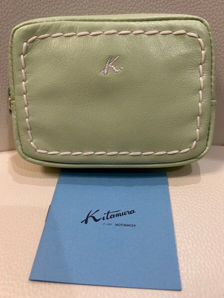 お値下げ! 4800円→3800円 未使用 Kitamura ポーチ グリーン レザー ステッチ 9×13×3