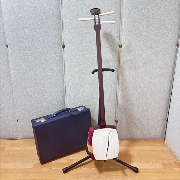 ☆ 三味線 子持綾杉 紅木 金細 全長:約96cm 棹幅:約2.5cm