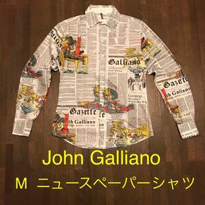 希少 名作 美品 John Galliano ニュースペーパー シャツ ジョンガリアーノ 総柄 長袖シャツ archive