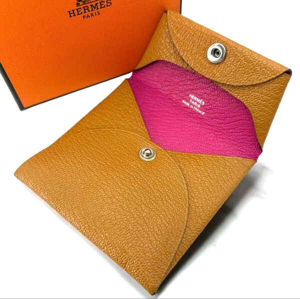 【美品】 HERMES エルメス バスティア ヴェルソ コインケース 小銭入れ レザー キャメル ピンク バイカラー Y刻印