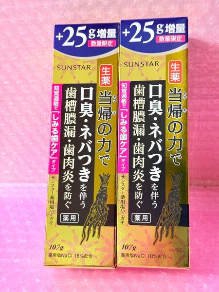歯磨き粉 サンスター 薬用 当帰の力 塩ハミガキ 知覚過敏 しみる歯ケア 107g(82g+25g増量)2個セット