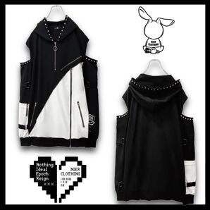 半額以下 パーカー オフショルダー 左右非対称 アシンメトリー ストリート モノトーン ユニセックス 黒 白 個性的 未使用 新品