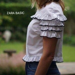 ZARA BASIC ザラベーシック 半袖ブラウス フリル 白 大人可愛い半袖