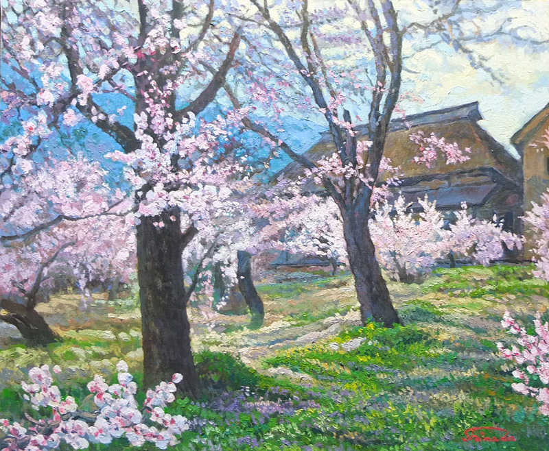 □□ 信州の風景油絵 杏の里 F8号(111) 送料無料 □□의 상품 상세