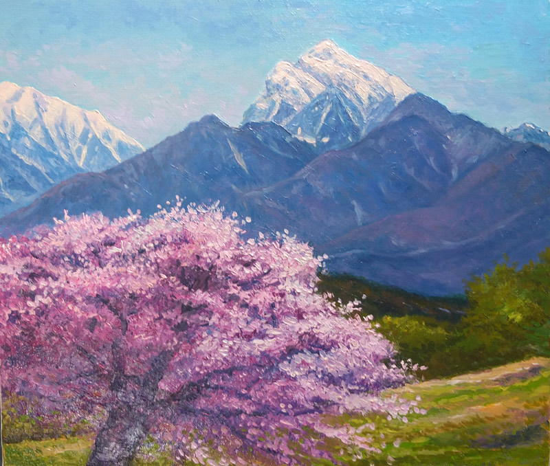 ■ Shinshu landscape oil painting Mt. Kaikoma and spring cherry blossoms F8 size Free shipping ■, Painting, Oil painting, Nature, Landscape painting