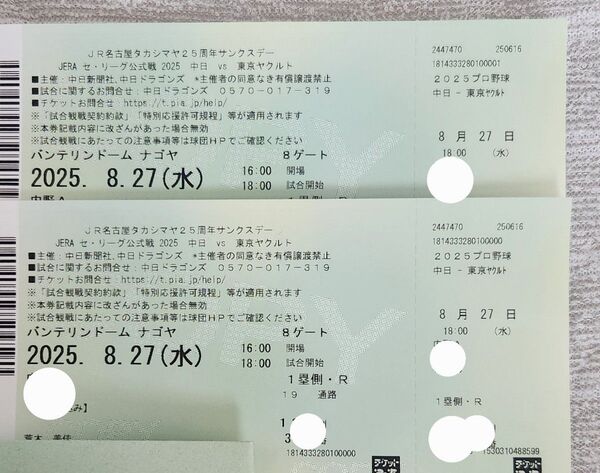 中日ドラゴンズ チケット 8月27日 2枚