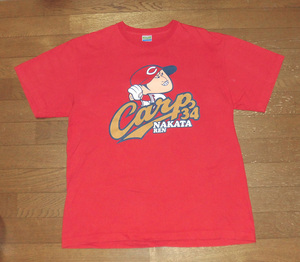 広島東洋カープ Carp ＃34 中田 廉 イラスト 背番号 プレイヤーズ Tシャツ 半袖 カットソー RED XL 使用少 美品/鯉CARP赤ヘル応援団