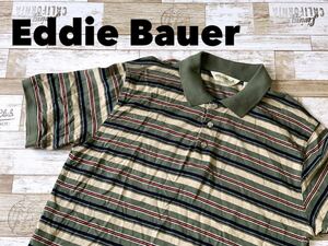 ☆送料無料☆ Eddie Bauer エディーバウアー 古着 半袖 ポロシャツ メンズ S グリーン ボーダー トップス 中古 即決