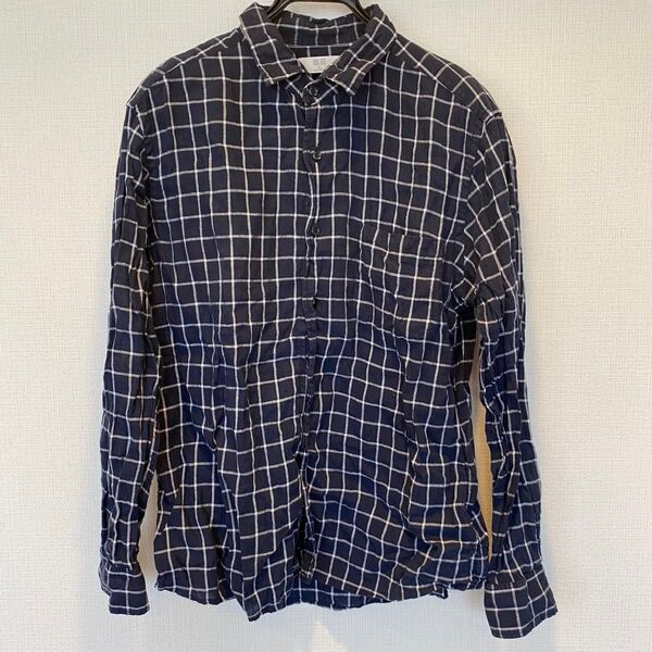 Uniqlo ユニクロ 麻 100% リネン XL 長袖シャツ 紺 NAVY チェック 格子柄 春夏 カジュアル 中古 USED