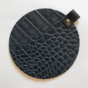 ハンドメイド 本牛革 クロコ型押し ネイビー コースター 取手付き 一点物