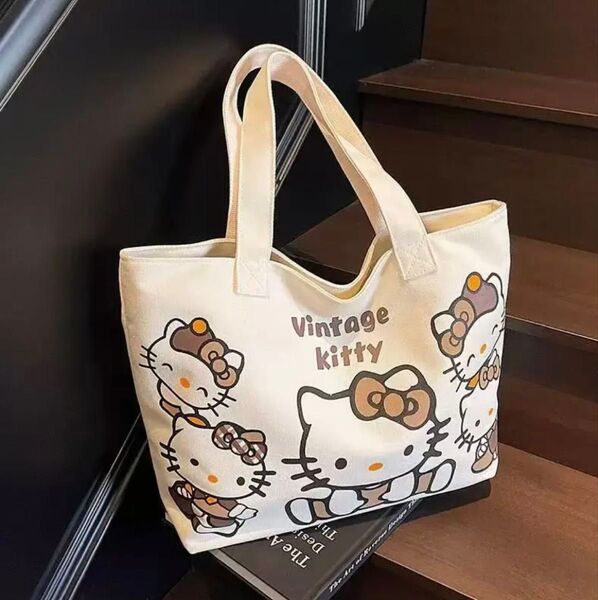 キャンバス コットン ショルダーバッグ トートバッグ ハローキティ柄チャック付き